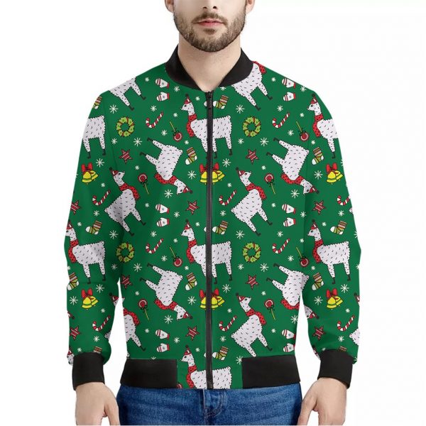 Christmas Llama Pattern Print Bomber Jacket