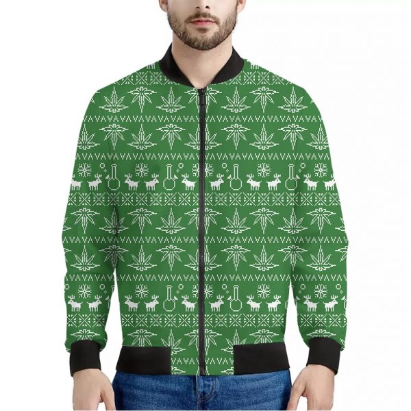 Christmas Pot Leaf Pattern Print Bomber Jacket