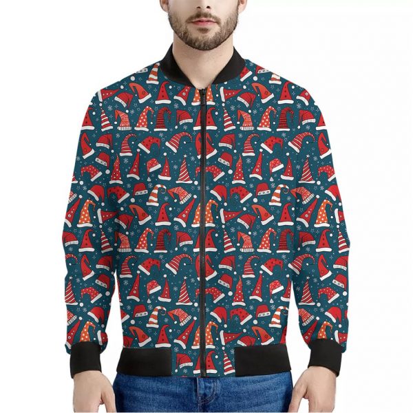 Christmas Santa Hats Pattern Print Bomber Jacket