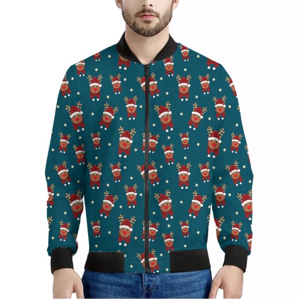 Christmas Santa Reindeer Pattern Print Bomber Jacket