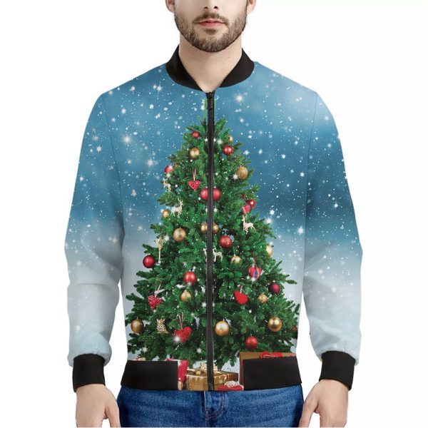 Christmas Tree And Snow Print Bomber Jacket