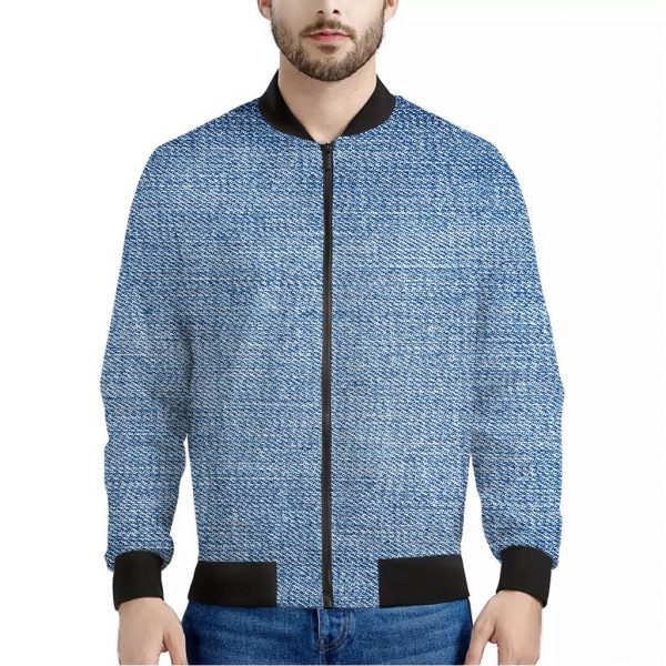 Classic Blue Denim Jeans Print Bomber Jacket