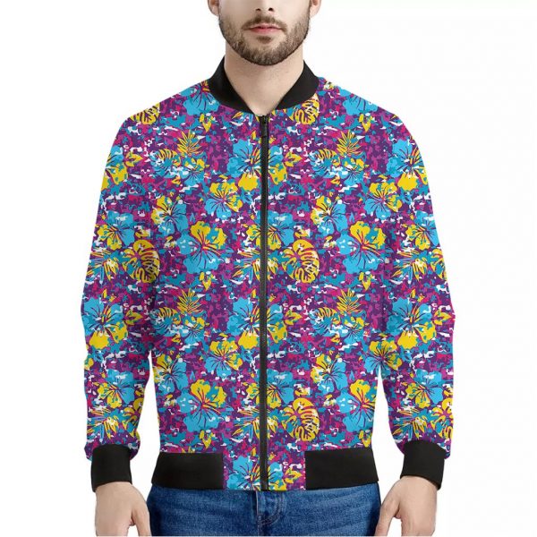 Colorful Aloha Camouflage Flower Print Bomber Jacket