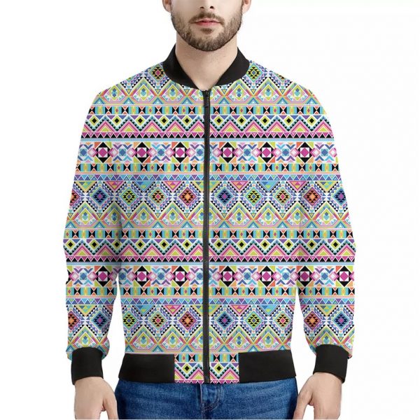 Colorful Aztec Geometric Pattern Print Bomber Jacket
