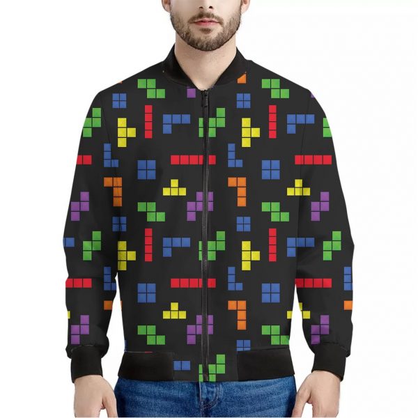 Colorful Block Puzzle Game Pattern Print Bomber Jacket