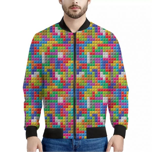 Colorful Brick Puzzle Game Pattern Print Bomber Jacket