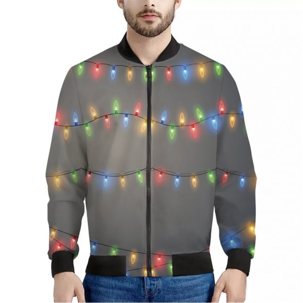 Colorful Christmas String Lights Print Bomber Jacket