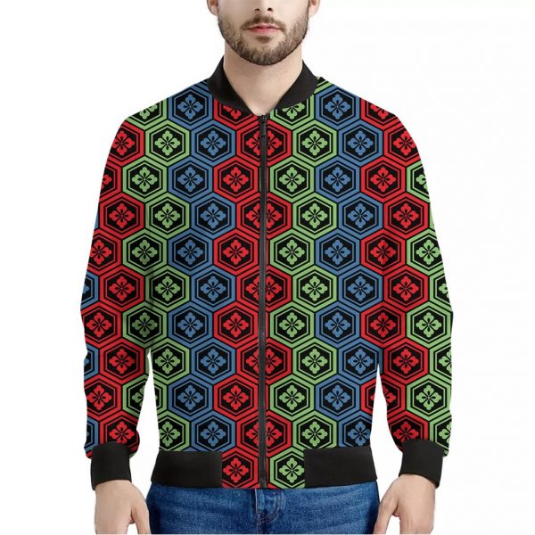 Colorful Japanese Flower Pattern Print Bomber Jacket