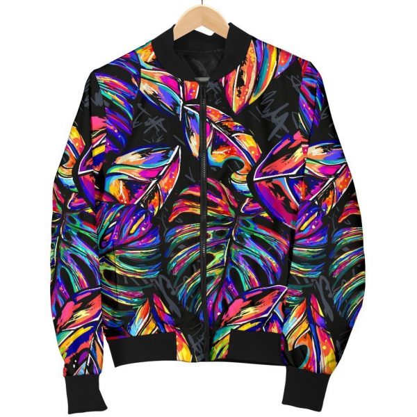 Colorful Leaf Tropical Pattern Print Bomber Jacket