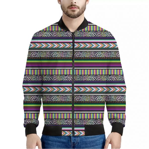 Colorful Leopard Navajo Tribal Print Bomber Jacket