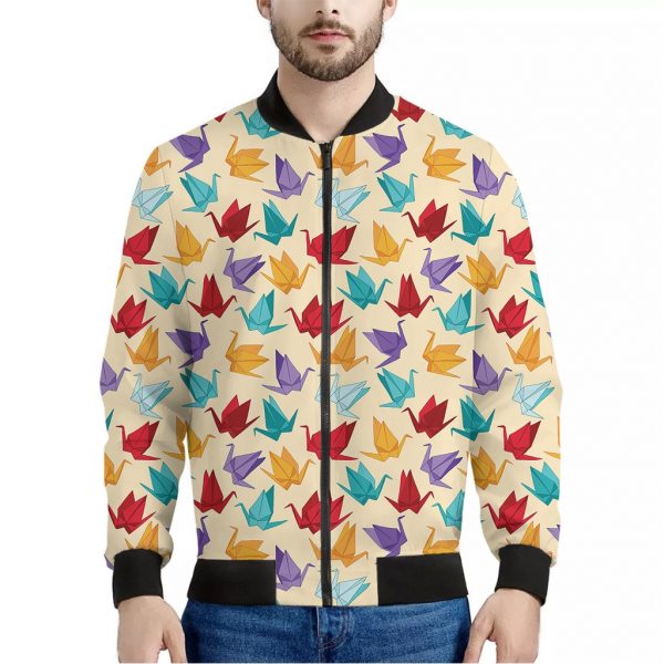 Colorful Origami Crane Pattern Print Bomber Jacket