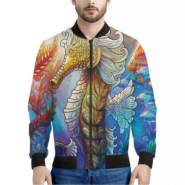 Colorful Seahorse Print Bomber Jacket