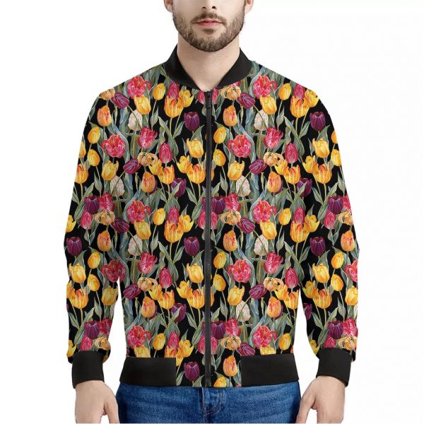 Colorful Watercolor Tulip Pattern Print Bomber Jacket