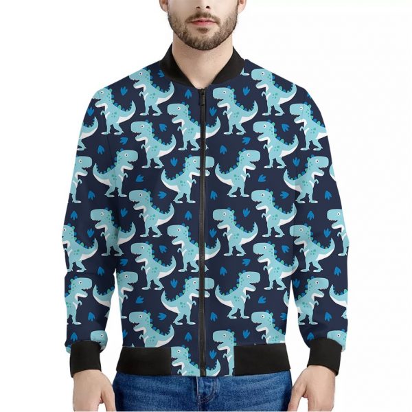 Cute Blue T-Rex Dinosaur Pattern Print Bomber Jacket