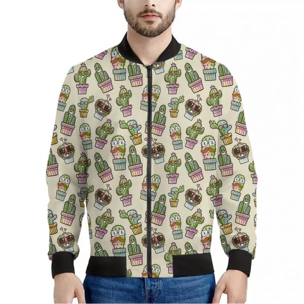 Cute Cartoon Cactus Pattern Print Bomber Jacket
