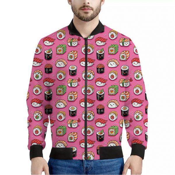 Cute Sushi And Rolls Pattern Print Bomber Jacket