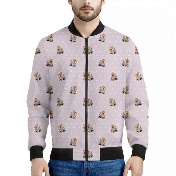 Cute Yorkshire Terrier Pattern Print Bomber Jacket