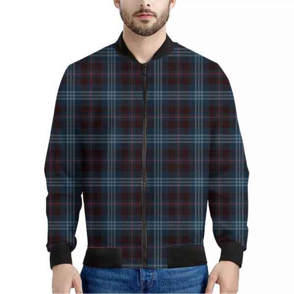 Dark Blue Tartan Pattern Print Bomber Jacket