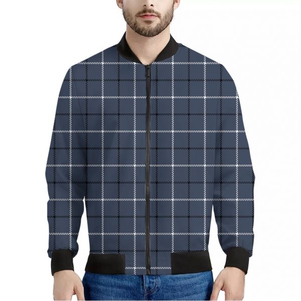 Dark Blue Tattersall Pattern Print Bomber Jacket