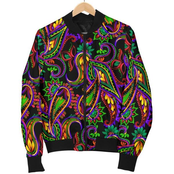 Dark Bohemian Paisley Pattern Print Bomber Jacket