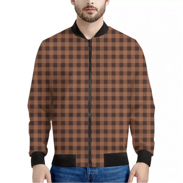 Dark Brown Check Pattern Print Bomber Jacket