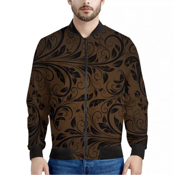Dark Brown Western Damask Print Bomber Jacket