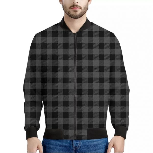 Dark Grey And Black Buffalo Check Print Bomber Jacket