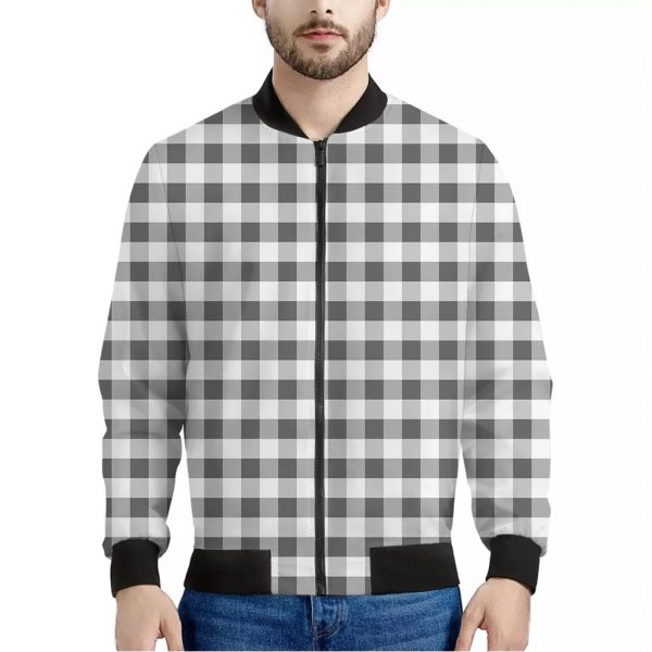 Dark Grey And White Gingham Print Bomber Jacket