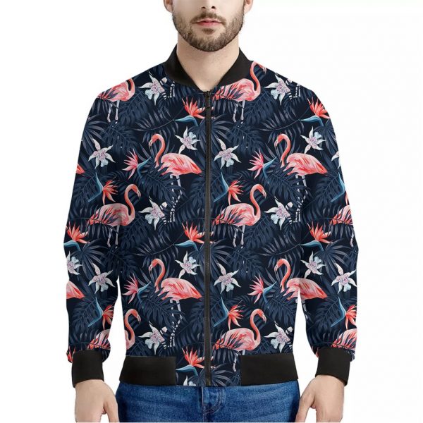 Dark Tropical Flamingo Pattern Print Bomber Jacket