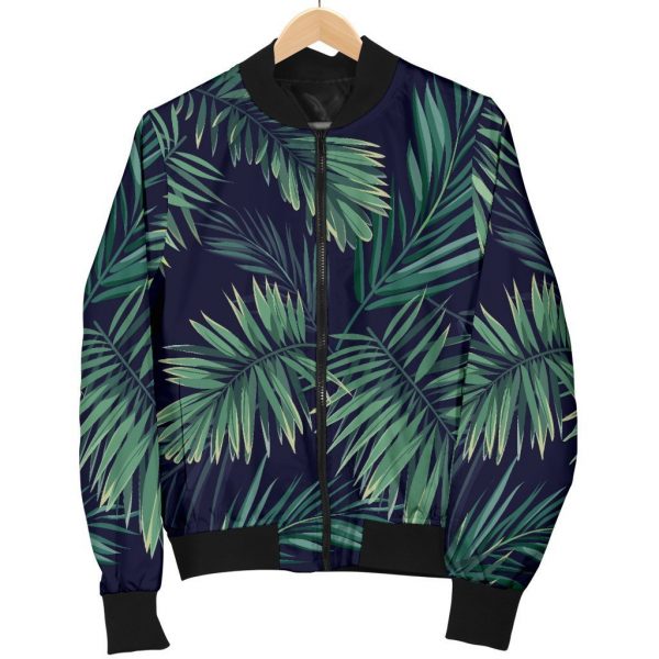 Dark Tropical Palm Leaf Pattern Print Bomber Jacket