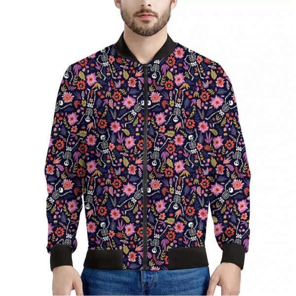 Day Of The Dead Skeleton Pattern Print Bomber Jacket