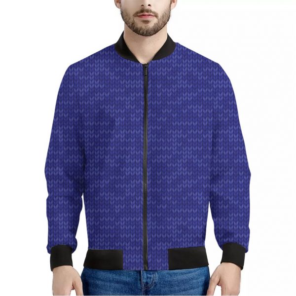 Deep Blue Knitted Pattern Print Bomber Jacket