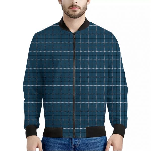 Deep Blue Tattersall Pattern Print Bomber Jacket
