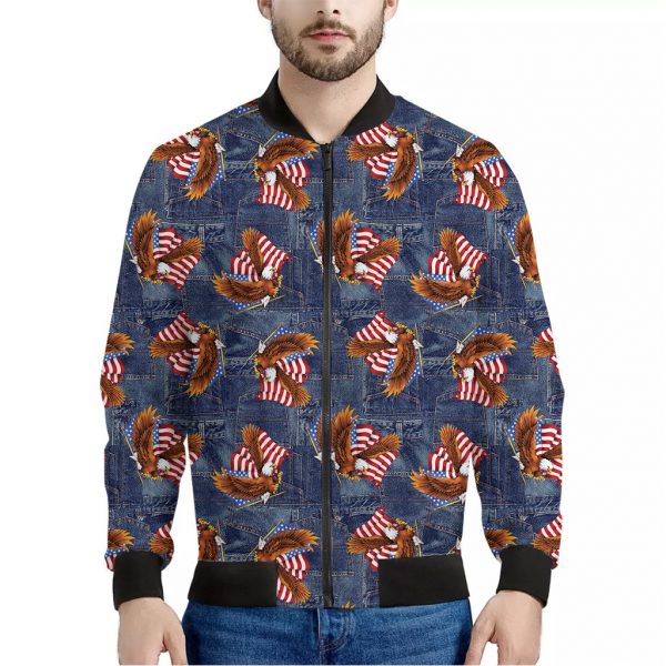 Denim American Eagle Pattern Print Bomber Jacket