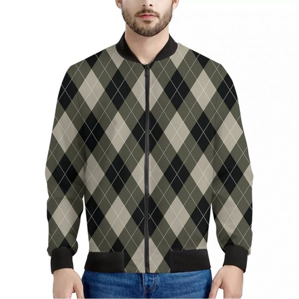 Diamond Shapes Argyle Pattern Print Bomber Jacket