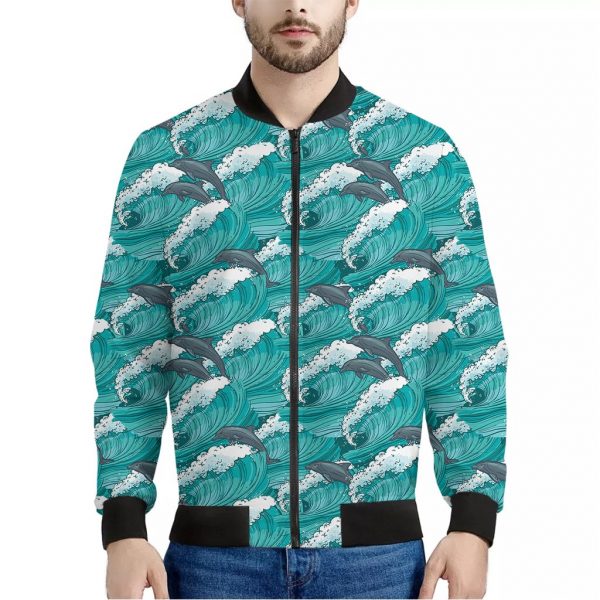 Dolphin Riding Waves Pattern Print Bomber Jacket