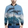Dolphins Jumping Over Waves Print Bomber Jacket