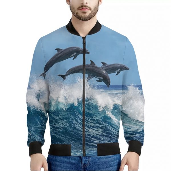 Dolphins Jumping Over Waves Print Bomber Jacket