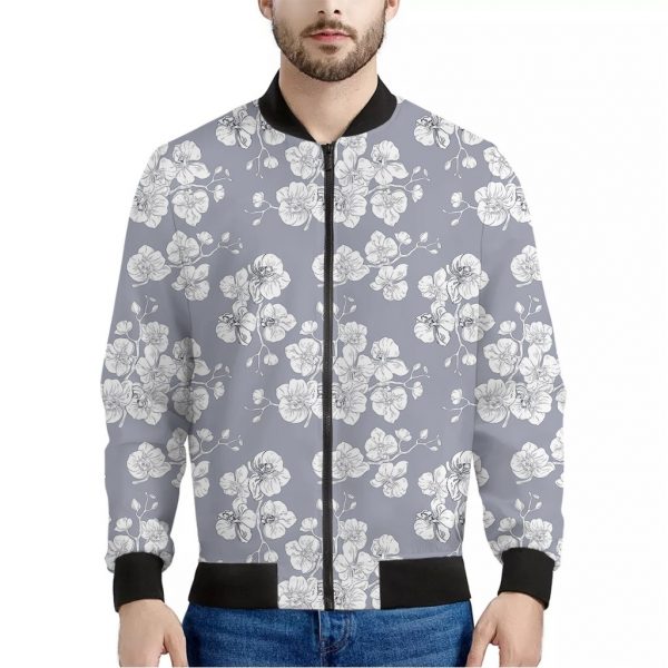 Drawing Orchid Pattern Print Bomber Jacket