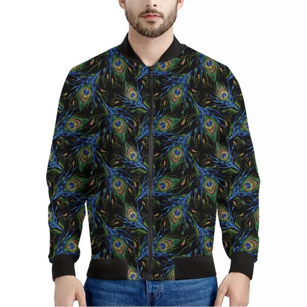 Embroidery Peacock Feather Print Bomber Jacket