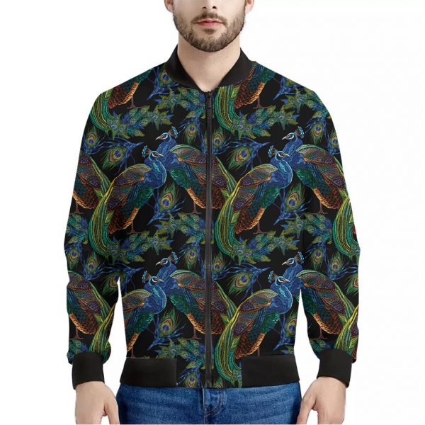 Embroidery Peacock Pattern Print Bomber Jacket