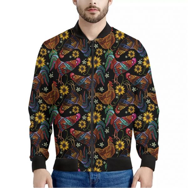 Embroidery Rooster Pattern Print Bomber Jacket