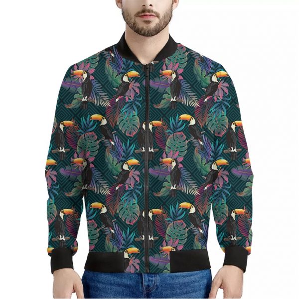 Exotic Tropical Toucan Pattern Print Bomber Jacket