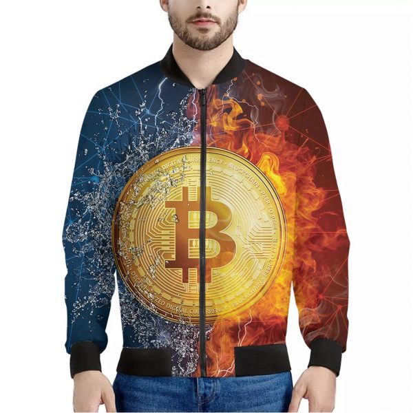 Fire And Water Bitcoin Print Bomber Jacket