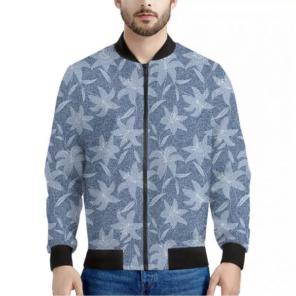 Floral Denim Jeans Pattern Print Bomber Jacket