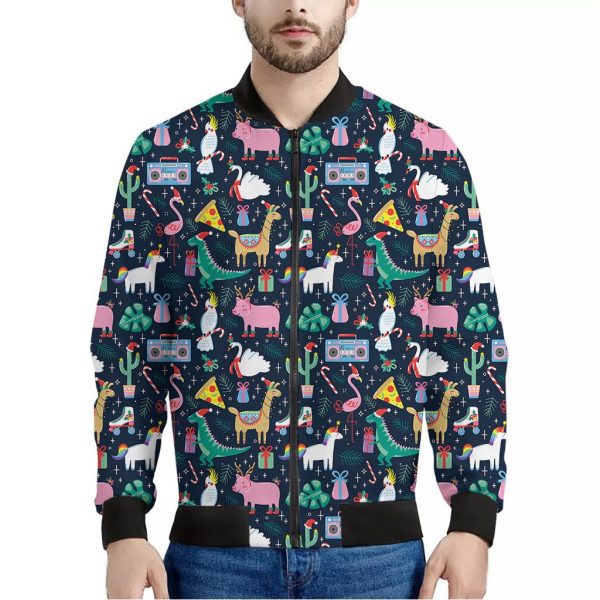 Funny Christmas Animals Pattern Print Bomber Jacket