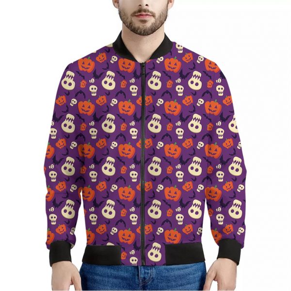Funny Halloween Pumpkin Pattern Print Bomber Jacket