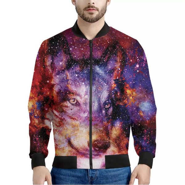 Galaxy Wolf Portrait Print Bomber Jacket