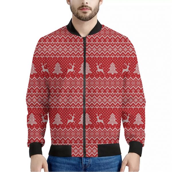 Geometric Xmas Knitted Pattern Print Bomber Jacket