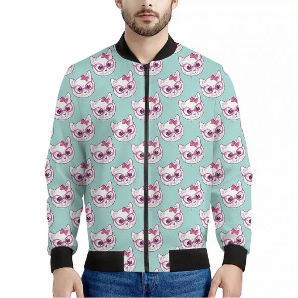 Girly Cat With Glasses Pattern Print Bomber Jacket